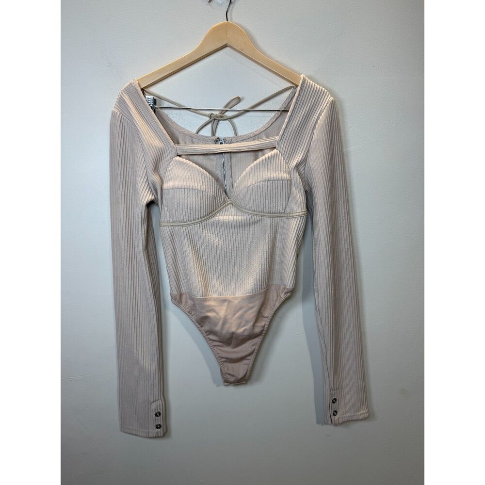 Maniere De Voir Ribbed Long Sleeve Bodysuit - Cream